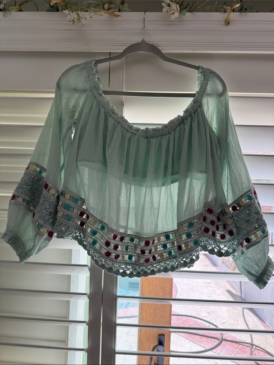 Free People Tops - Free People Light Mint Embroidered Crochet-Hem Crop Top - Mint